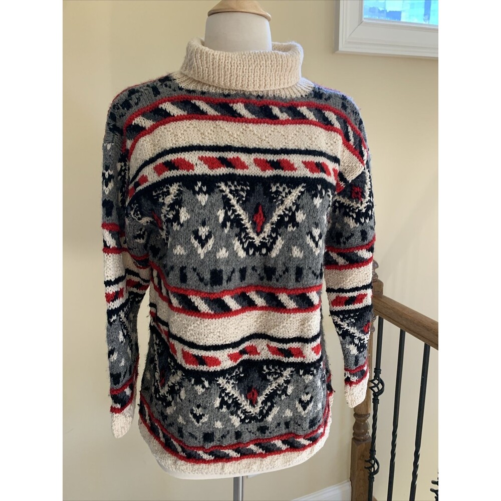 Hand knitted Sweater Red Black Cream Oversized Size Small Vintage